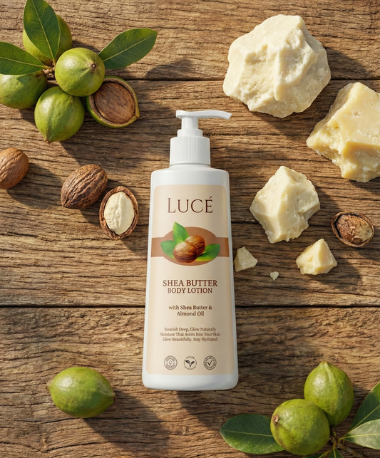 LUCE Shea Butter body lotion on a wooden surface with shea butter and leaves.