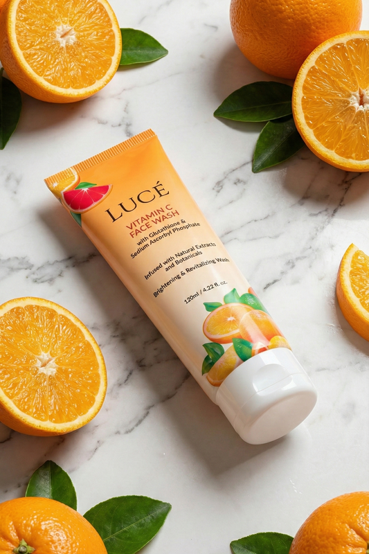 LUCE skincare product with oranges on a marble background