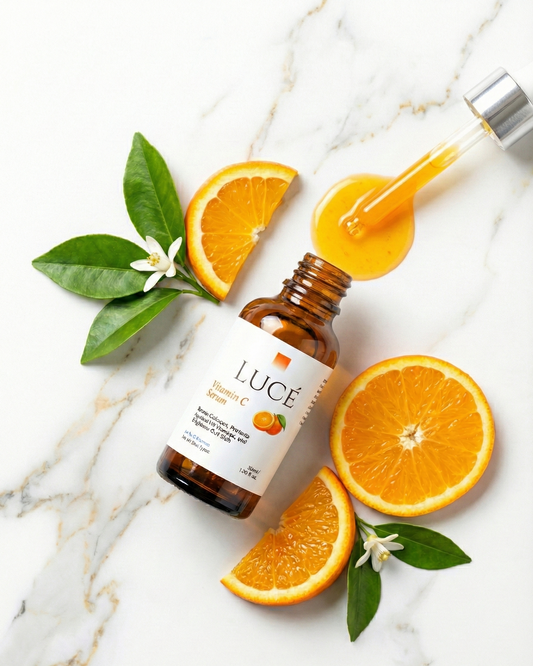 Luce skincare serum bottle with oranges and leaves on a marble background