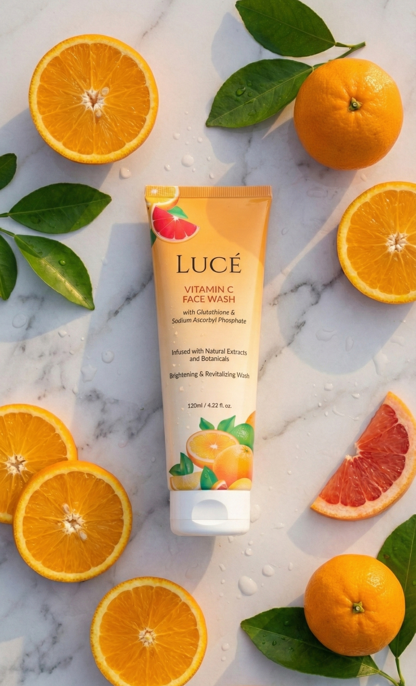 Luce skincare product with oranges and grapefruits on a marble background