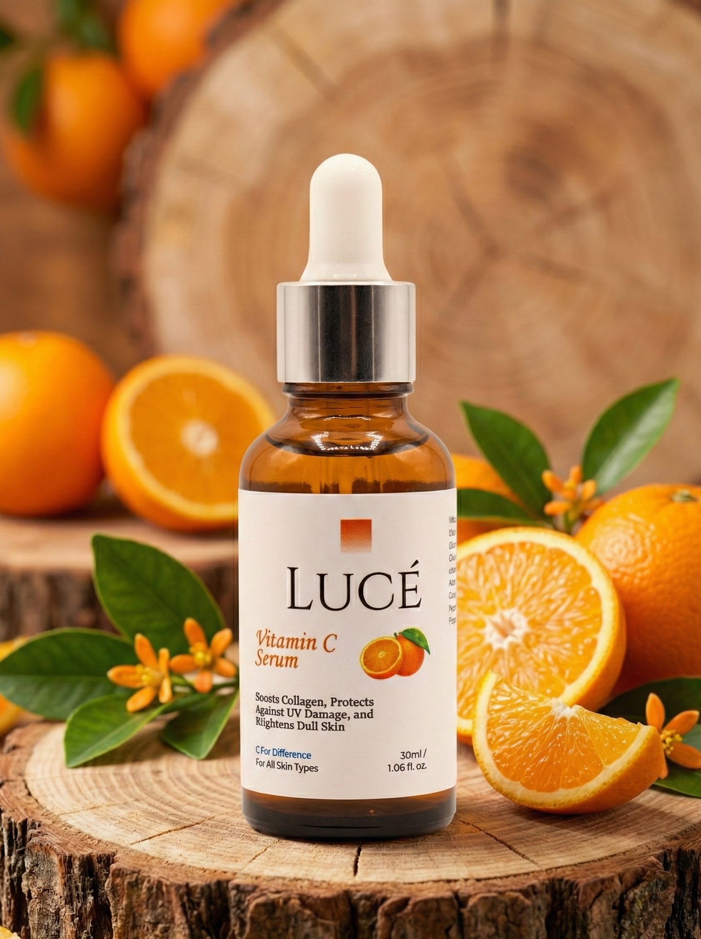 Luce Vitamin C Serum bottle with dropper surrounded by oranges on a wooden surface